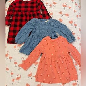 Set of 3 Assorted Baby Dresses - Red plaid, Jean, and Floral Pink❤️💙🩷